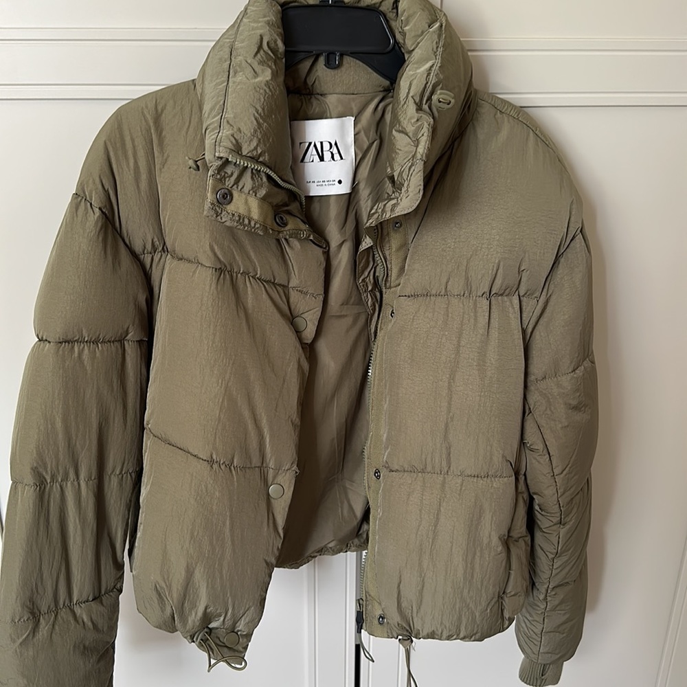 Zara Short Puffer Jacket Olive Green - Picture 6 of 6